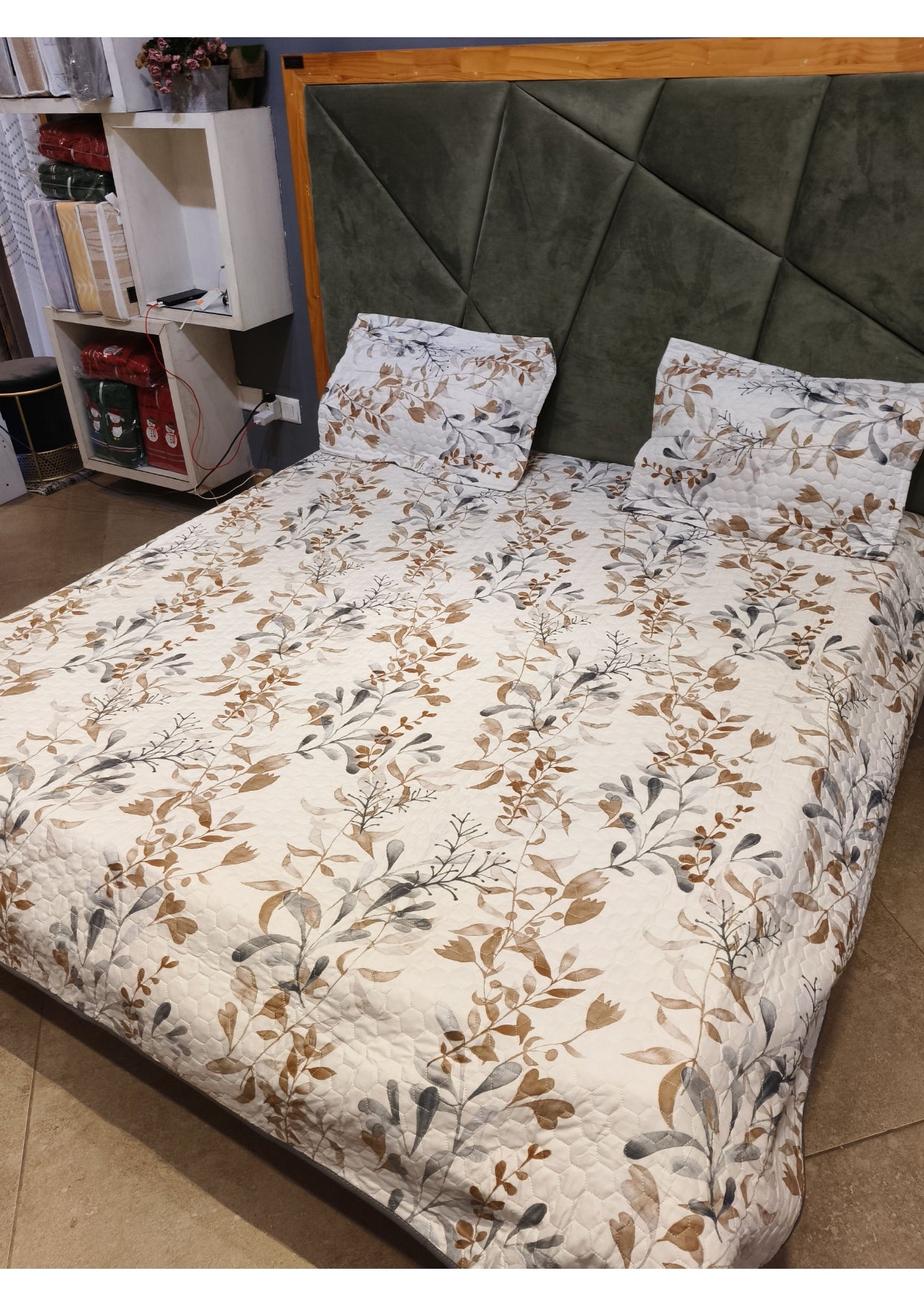 Rosepetal Quilted Bedcover Earthy Foliage